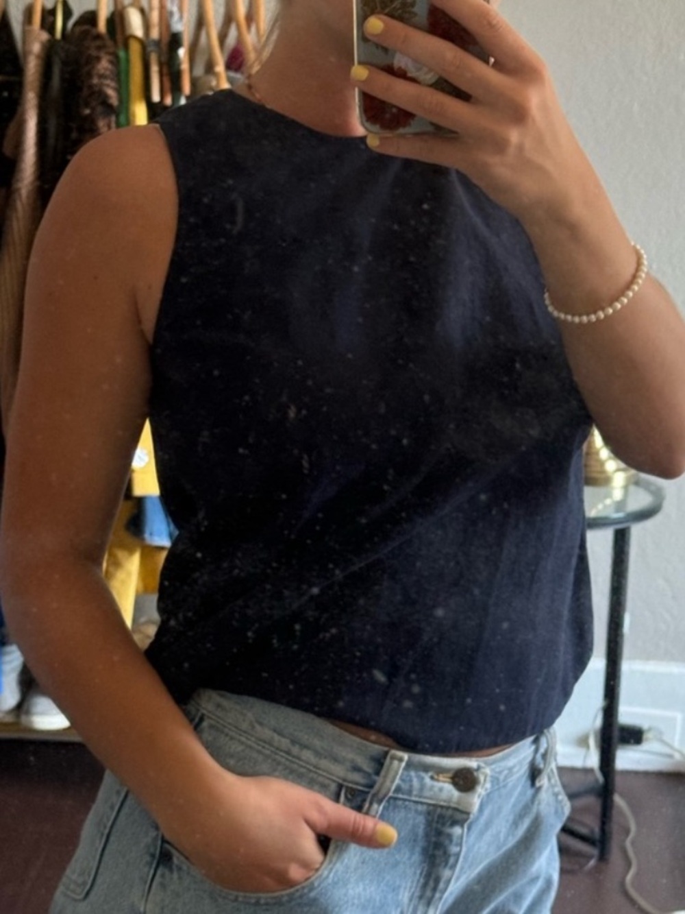 Navy linen sleeveless shirt with back cut out; LOFT size extra small